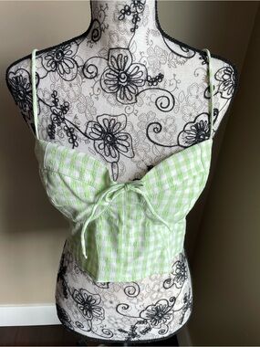 Divided Light Green Gingham Tie-Front, Tie-Back Spaghetti Strap Crop Top Large